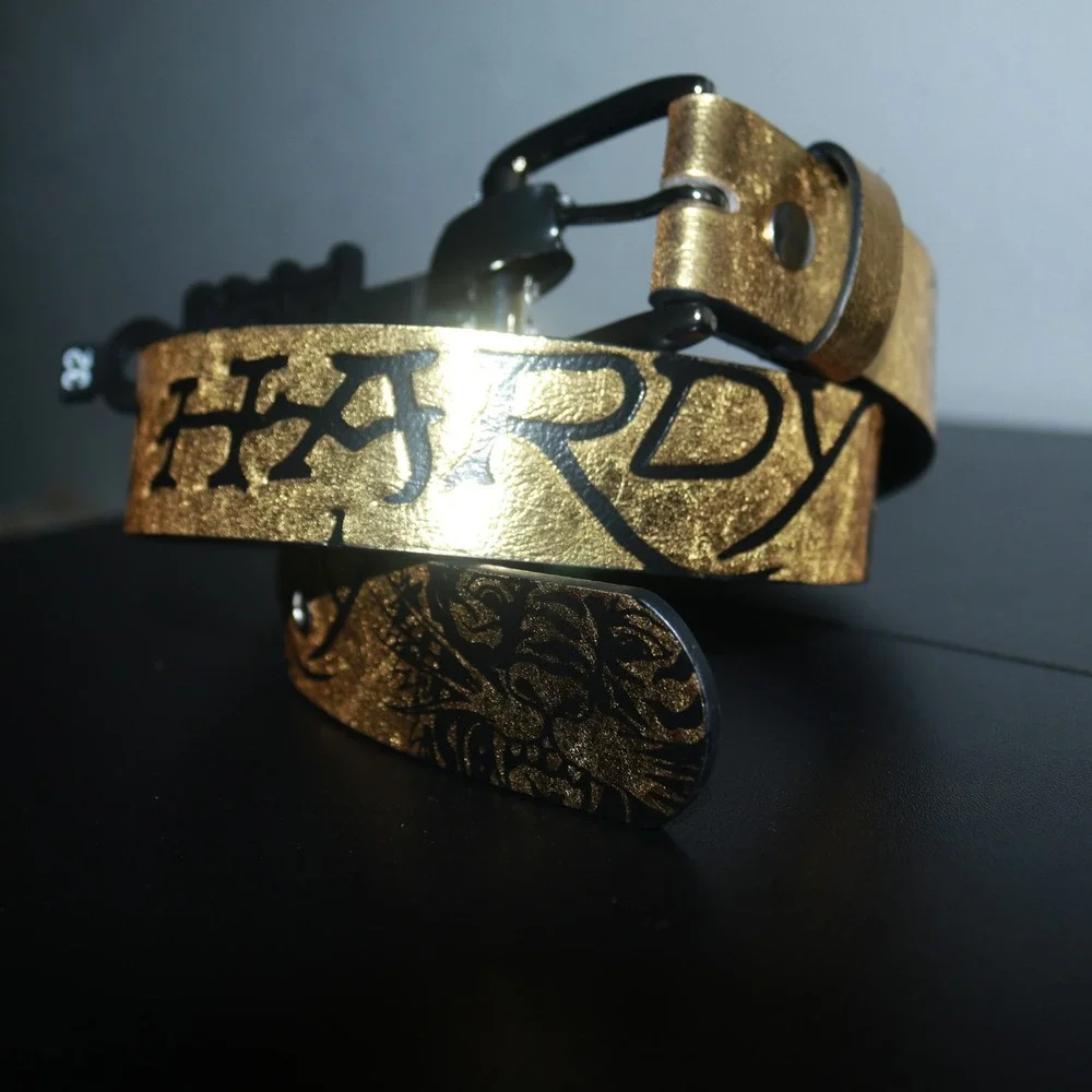 NWT Ed Hardy Mens Graphic Y2K Belt Gold Black Gold-Tone Size 32